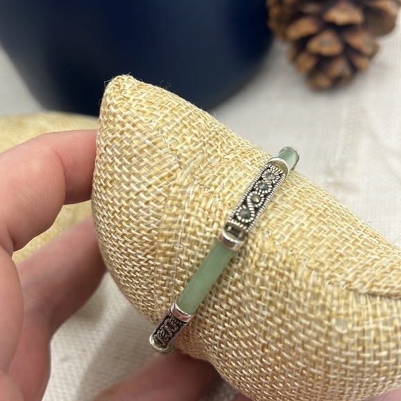 20th Century 925 Sterling Silver Jadeite & Marcasite Link Bracelet - Picture 8 of 9